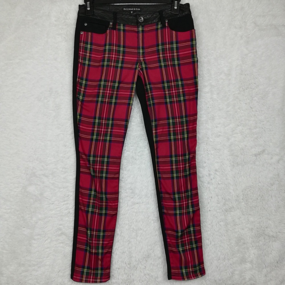 Hollywood & Vine Jeans Womens  Jeggings Red Plaid Black Low Rise Denim Juniors 7